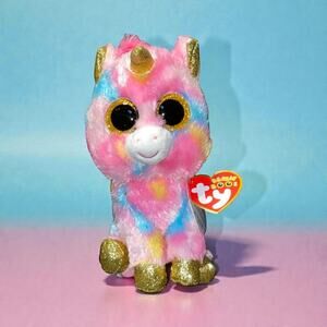 Ty Beanie Boos Fantasia Unicorn Plush 7" Tie Dye Pink Blue Gold Stuffed Animal